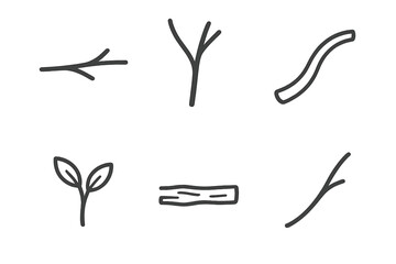 Branch Line Icons. Line style icons of Branch: simple branch, forked twig, curved limb, small sprout, bark line, thin extension.