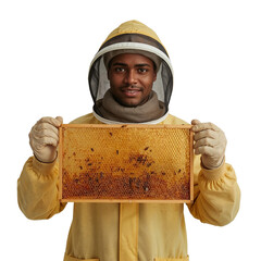 Beekeeper Holds Honeycomb Frame in Beekeeping Suit While Working With Bees in Outdoor Apiary Setting