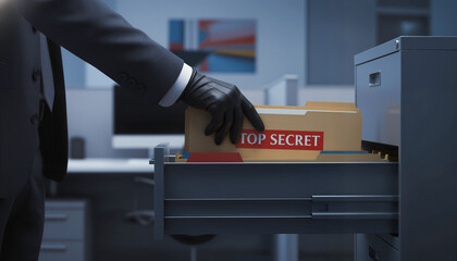Hand in glove stealing a Top Secret document file from an open filing cabinet drawer, illustrating corporate espionage and data breach.