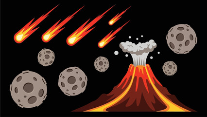 Volcanic Eruption with Meteorites and Celestial Bodies in Space