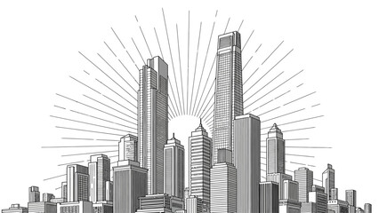 Modern cityscape illustration with skyscrapers and radiant sunburst effect