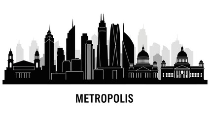 Cityscape illustration of modern metropolis skyline with prominent buildings and architecture