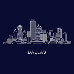 Cityscape illustration of Dallas skyline at dusk with prominent buildings and cityscape