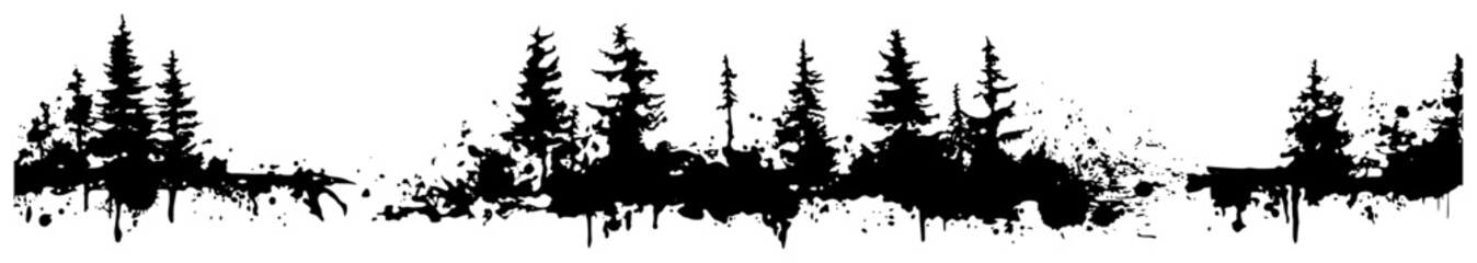 Obraz premium Panoramic forest silhouette with pine trees and abstract black ink splatter grunge base