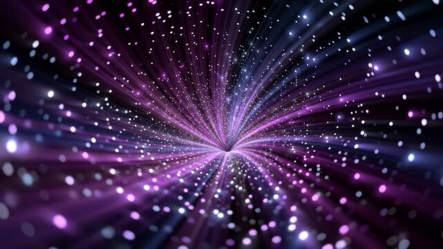 Dynamic abstract visual of swirling light particles in vibrant colors creating a mesmerizing tunnel effect with continuous motion and depth, showcasing the flow of energy and illumination through spac
