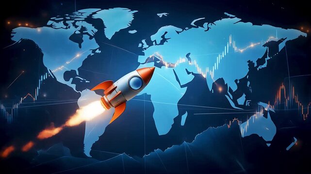 Rocket launch over world map with financial graphs animation, Stylized rocket launching over a world map with financial graphs and data points