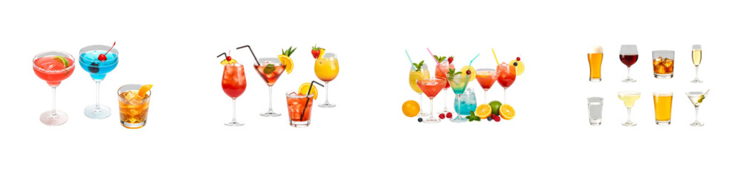 Large assortment of various alcoholic beverages and colorful cocktails in different glasses, including beer, wine, whiskey, and mixed drinks garnished with fresh fruit, mint, and ice cubes
