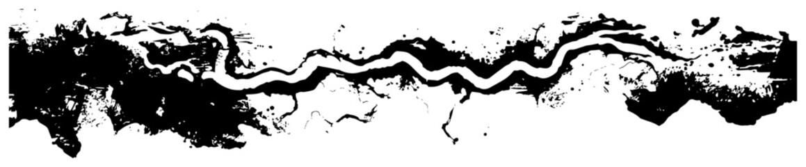 Obraz premium Abstract horizontal border with winding river path and black ink splatters