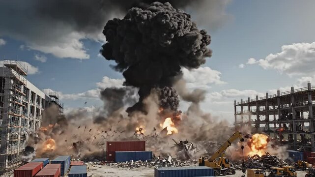 Explosive demolition on construction site with large fire ball and dark smoke plume