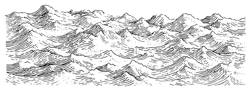 Vintage engraved style illustration of rough sea waves and ocean landscape