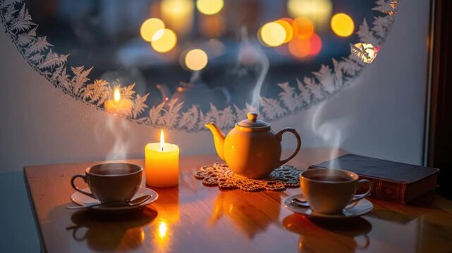 Cozy steaming tea, candle, frost-patterned window, bokeh