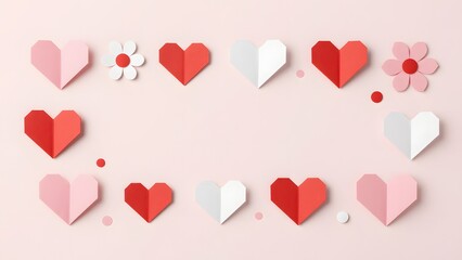 Paper origami hearts and flowers border on a pastel pink background with copy space.