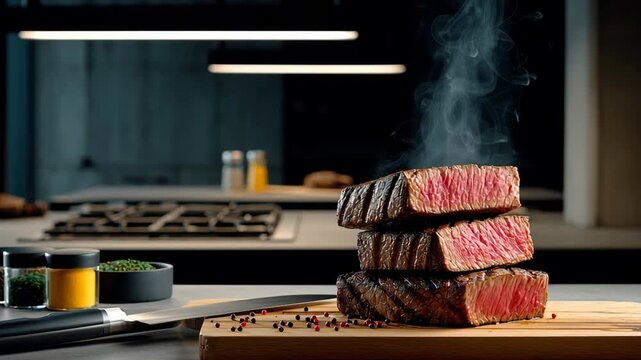 Succulent grilled steak stacked on wooden cutting board with visible smoke rising, showcasing rich textures and colors in a modern kitchen setting with culinary elements and tools