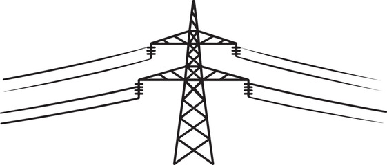 Abstract tower with overhead cables for electrical energy transmission black linear design isolated on white background. one line Art icon drawing