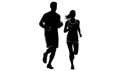 Running man and woman, isolated vector silhouettes. Run, side view. Silhouettes of athletic looking male and female runners running. Transparent background PNG version.