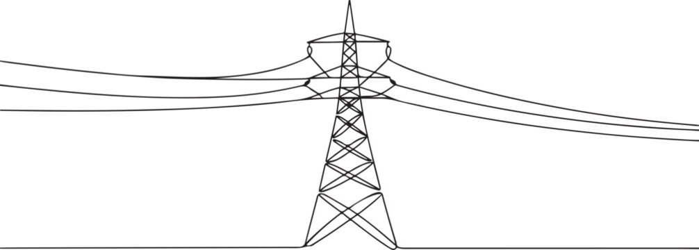 Abstract tower with overhead cables for electrical energy transmission black linear design isolated on white background. one line Art icon drawing