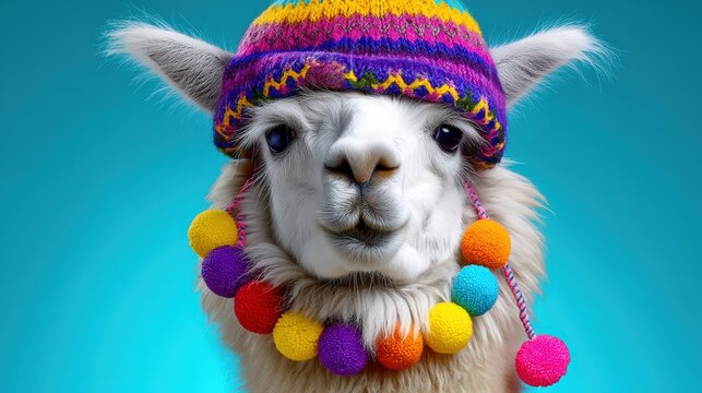 Adorable White Llama Wearing Colorful Knitted Chullo Hat and Pom-poms