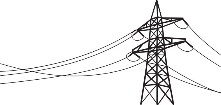 Abstract tower with overhead cables for electrical energy transmission black linear design isolated on white background. one line Art icon drawing