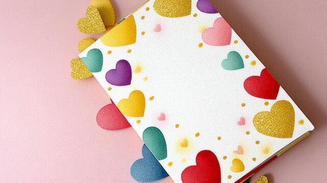 Colorful heart-shaped decorations surrounding a blank greeting card on a soft pink background showcasing vibrant hues and playful designs inviting creativity and personalization for various occasions