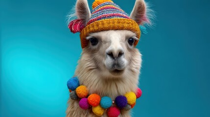 Obraz premium Cute Llama Wearing Colorful Knitted Hat and Pom-Pom Necklace