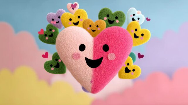 Colorful plush heart character surrounded by smaller smiling hearts in a whimsical display, showcasing vibrant colors and joyful expressions against a soft pastel background with playful cloud shapes