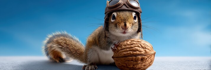 Obraz premium Squirrel Pilot Wearing Aviator Goggles Holding a Large Walnut