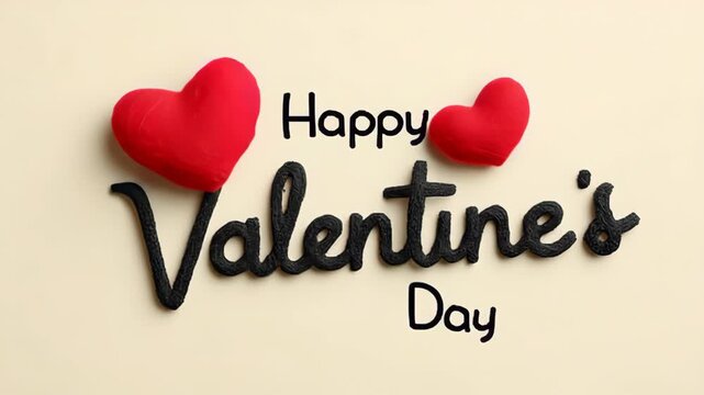 Colorful decorative hearts and playful lettering create a festive display for Valentine's Day celebration showcasing vibrant red hearts and stylish script on a soft beige background