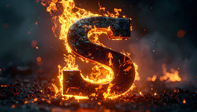 Burning letter S made of solid metal, flames wrapping around it, glowing embers, dark moody