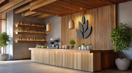 Modern Minimalist Cafe Interior with Wooden Slat Wall and Logo