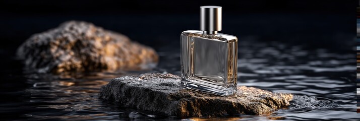 Elegant Perfume Bottle on a Rock in Dark Rippling Water