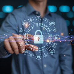 businessman touching virtual screen