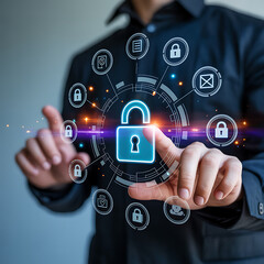 Futuristic Cyber Defense Interface with Secure Lock Symbol
