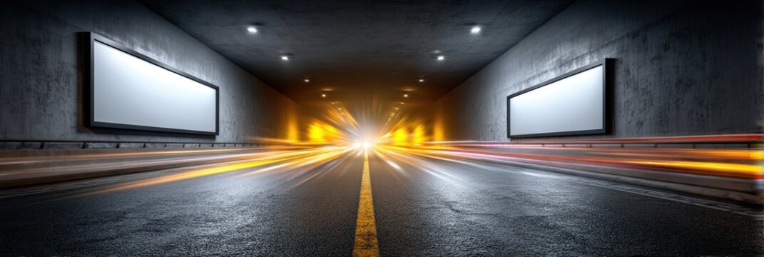 Fast Motion Light Trails in Modern Tunnel with Blank Billboards