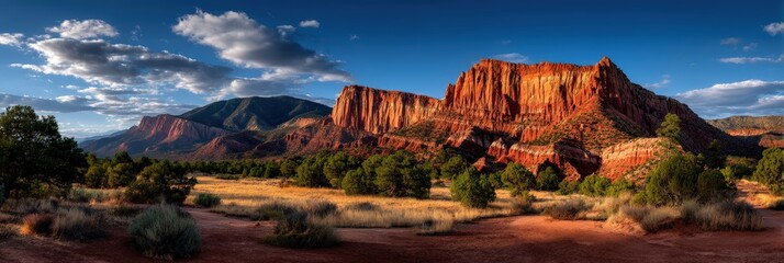 Majestic Red Rock Desert Panorama with Mountains and Blue Sky