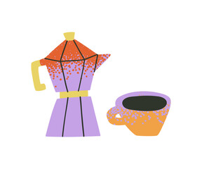 Illustration with geyser coffee maker, small coffee cup with texture. Trendy bold texture, apparel print design, cafe wall decoration poster
