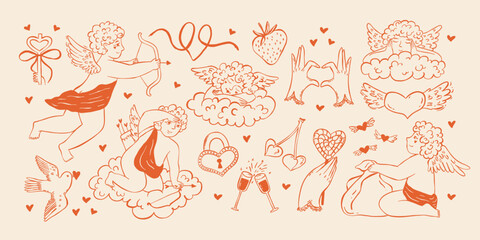 Vintage whimsical cupids and love elements. Retro Valentines day elements. Sketch elegant coquette heart, angel, Heart, bird, cherry. Doodle wedding vector set.