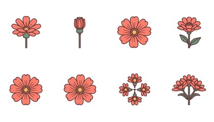 A colorful illustration of various pink flowers on a white background