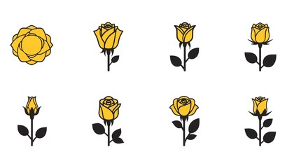 A collection of yellow roses in various stages of bloom on a white background