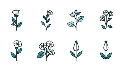 A minimalist illustration of various flowers and leaves in a simple, elegant design