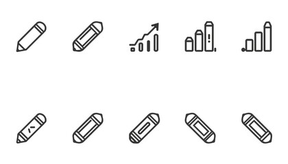 A collection of black and white icons featuring pencils and graphs on a clean white background for business and education use