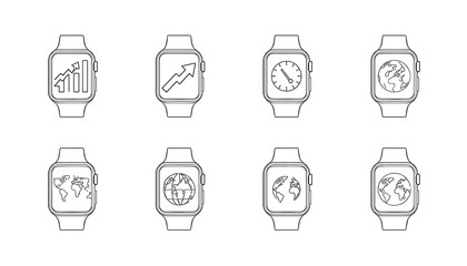 A collection of smartwatch icons featuring various symbols and graphics on a white background
