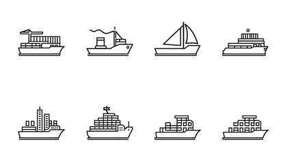 A collection of various cargo ships and boats sailing on the ocean with containers and cargo.