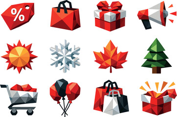 Seasonal Sales Icon Set. Season-based sales campaign and retail discount period illustrated as a low-poly vector icon set with