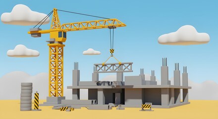 3D Cartoon Tower Crane Lifting Steel Beams at Large Urban Construction Site