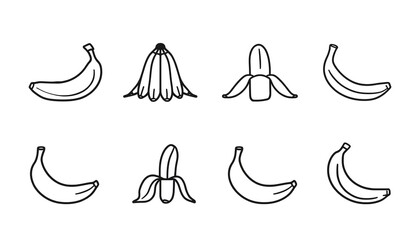 A simple line drawing of several bananas in different stages of being peeled on a white background