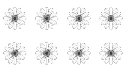 A minimalist illustration of eight daisies in a simple black and white line art style on a clean white background
