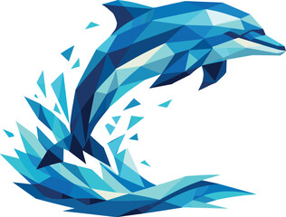 Geometric Dolphin Leap. Low-poly vector illustration focused on a dolphin, polygonal geometric style with sharp triangular edges,