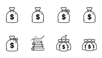 A collection of black and white illustrations depicting money bags and a shopping cart, symbolizing financial transactions and commerce.