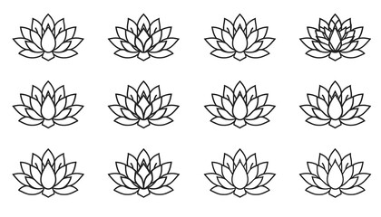 A minimalist illustration of multiple lotus flowers in a simple black line art style on a white background