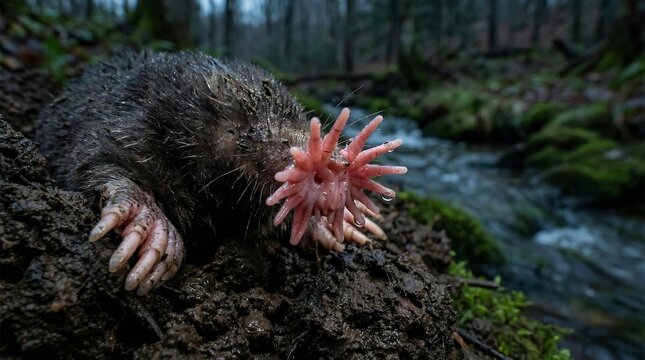 Fascinating star-nosed mole emerging from its burrow in the damp forest floor, showcasing its unique star-shaped snout with delicate tentacles, surrounded by moss and roots near a flowing stream,